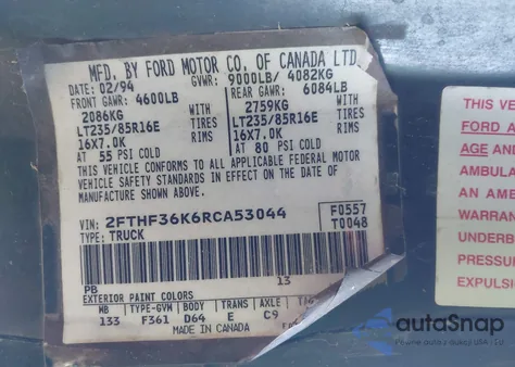 1994 Ford F350 z USA, uszkodzony, nr VIN 2FTHF36K6RCA53044